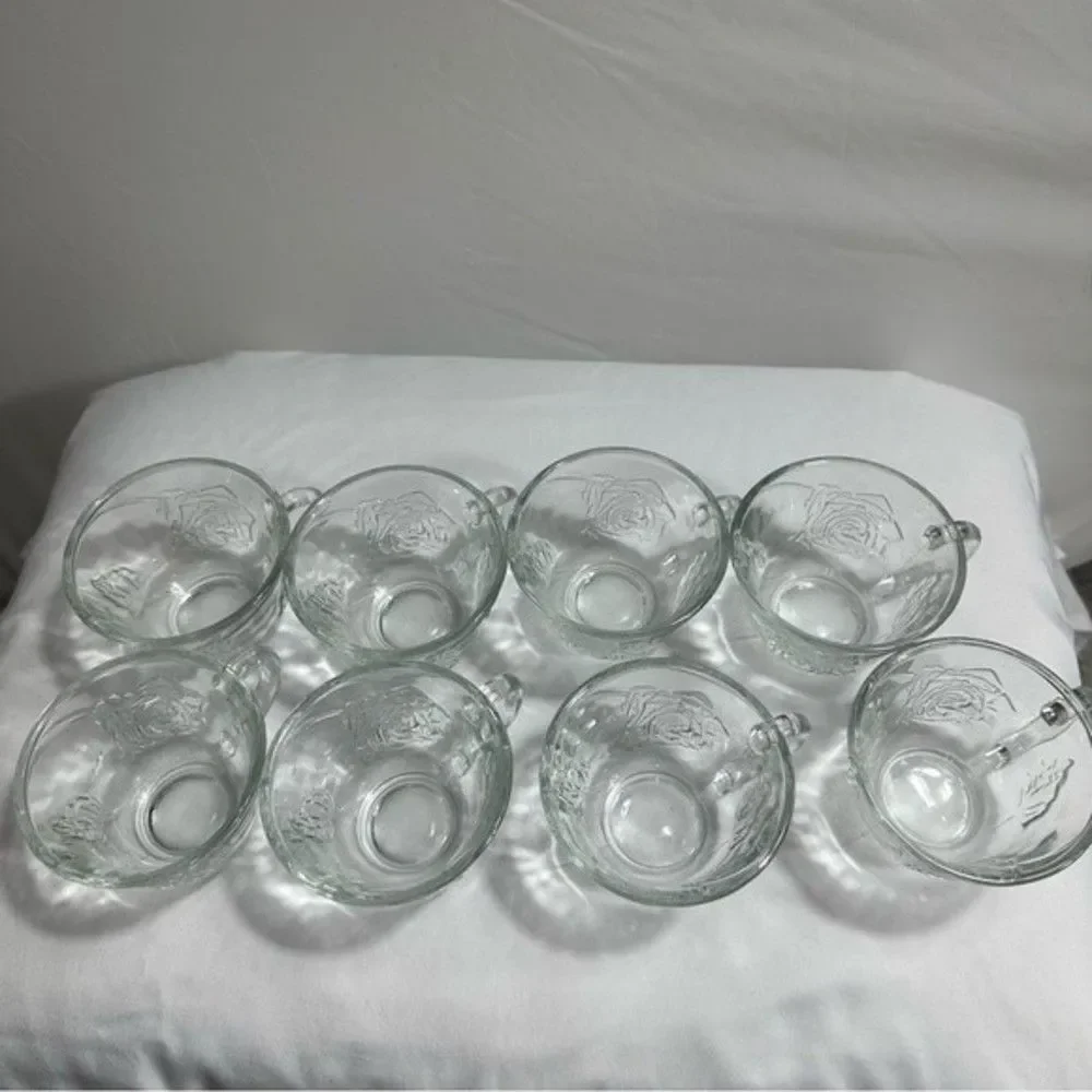 Punch Cups Vintage Clear Pressed Glass Rose Design Set of 8